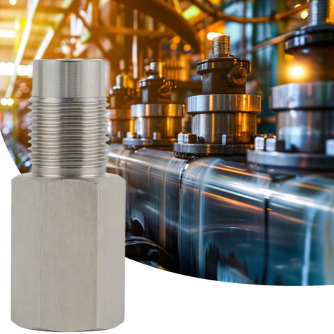 Stainless steel extension pipe fitting with threaded male end and hex base, front view.