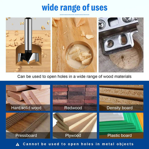 Heavy Duty Carbon Steel Forstner Drill Bit Knocks Out Flawless Flat Bottom Holes In Wood And Plastic Without The Slack Or Fuss Packs Sweetly Into A Sturdy Storage Case So Your Gear Stays Neat And Ready To Roll, displaying various wood types.