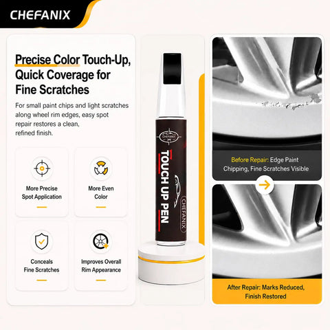 Light Silver Wheel Rim Touch Up Paint With Built In Brush For Knocking Out Curb Rash And Scrapes On Alloy Rims Plus Faster Five Minute Set For A Clean Showroom Grade Finish Daily, featuring applicator pen and before/after visuals.