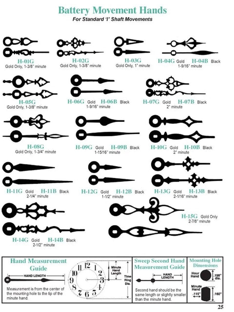 Battery movement hands chart for standard 'I' shaft movements featuring various designs and sizes for clock repair.