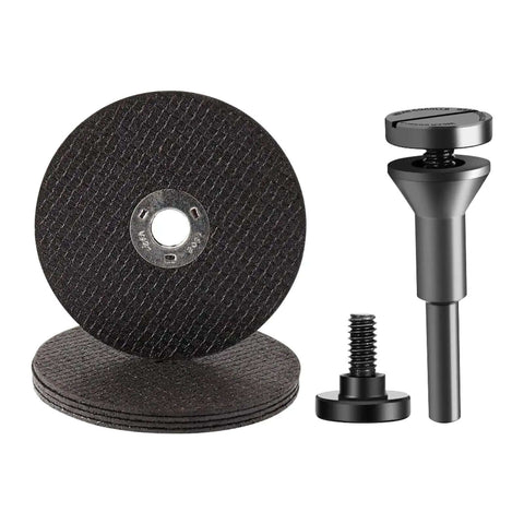 Six Piece Cut Off Wheel Set For Die Grinder With One Quarter Inch Stem Mandrel, metal cutting discs shown with mandrel.