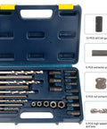 25 Piece Broken Bolt Extractor Set With Drill Bit Guides For Quick No Fuss Easy Out Removal Of Stripped Damaged Rusted Rounded Off Bolts And Automotive Nuts Screws in open plastic case showing drill bits and extractors