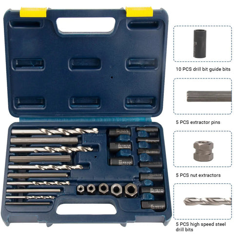 25 Piece Broken Bolt Extractor Set With Drill Bit Guides For Quick No Fuss Easy Out Removal Of Stripped Damaged Rusted Rounded Off Bolts And Automotive Nuts Screws in open plastic case showing drill bits and extractors