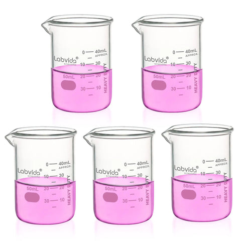 Heavy Duty 50ml Beaker Set Of 5 Thick Walled 3.3 Borosilicate Glass Low Form With Double Scale Graduation For Laboratories Schools And Home Use