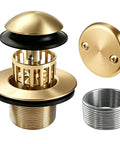 No Fuss Tub Drain Overflow Kit With Smooth Pop Up Stopper And Nifty Copper Hair Catcher Basket To Ban Clogs Quick Install showing brushed gold finish and copper basket.