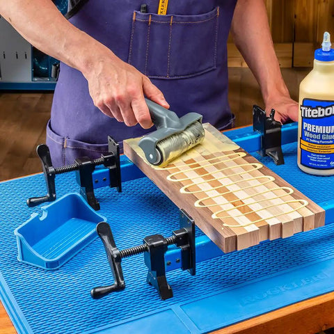 Person using Go-To 5 Inch Wood Glue Roller With Thermoplastic Rubber Roller Silicone Rest And ABS Handle Detachable Glue Applicator
