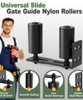 Heavy Duty Sliding Gate Roller Hardware Kit With Steel Wall Mount Bracket And Nylon Roller Guides Built Tough For Garage Doors And Wood Gates Adjustable Micro Adjustment Black 2 Pack 4 Inch shown with features.
