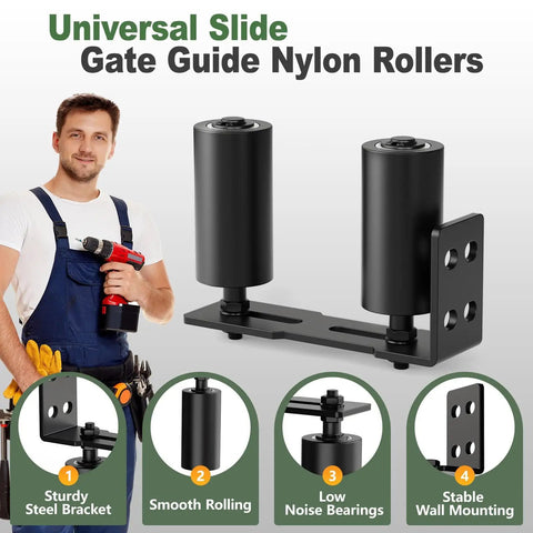Heavy Duty Sliding Gate Roller Hardware Kit With Steel Wall Mount Bracket And Nylon Roller Guides Built Tough For Garage Doors And Wood Gates Adjustable Micro Adjustment Black 2 Pack 4 Inch shown with features.