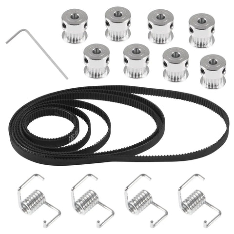 All In One Timing Belt And Pulley Kit For 3D Printers GT2 Compatible with belts, pulleys, springs, and wrench visible.