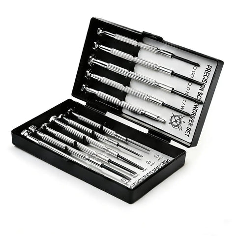 Compact 11 Piece Precision Screwdriver Set For Watch, Eyeglasses, And Electronics Repair displayed in open black case.