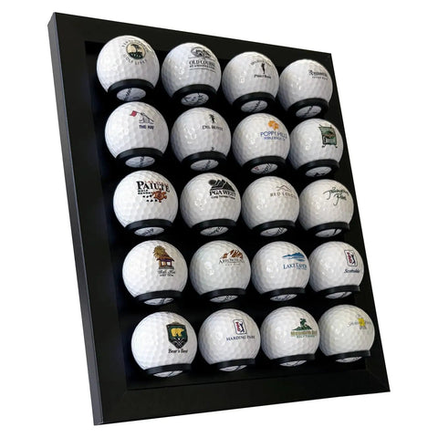 Premium Golf Ball Display Case for Wall Mount or Free Standing Setup Black Wood Frame That Holds Up to 20 Logo Balls.