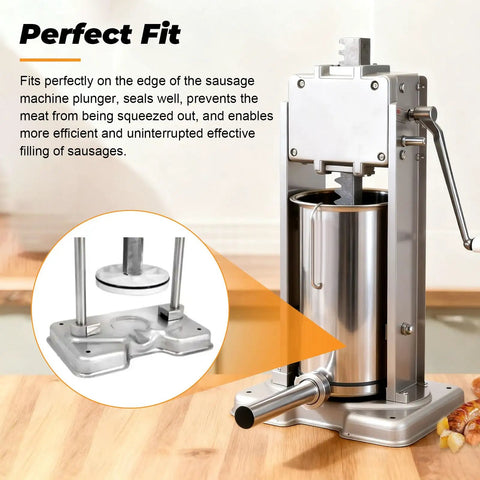Sausage stuffer machine with close-up of plunger and Rubber Gasket Plunger Seal For Sausage Stuffers 20 To 30 Lb Fits Eight Point
