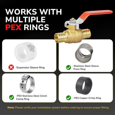 KAINGA 3/4 in brass PEX ball valve with red lever; shown with PEX rings; 2-pack
