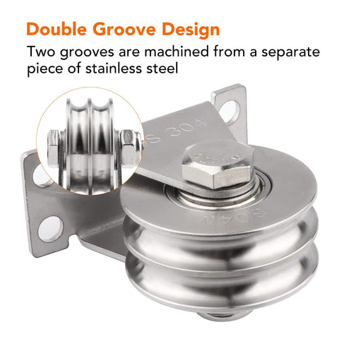 Two Pack 48Mm Double Groove Pulley Wheel Set For Wall Mount Cable Systems 304 Stainless Steel With Quiet Duplex Bearings Rust Resistant