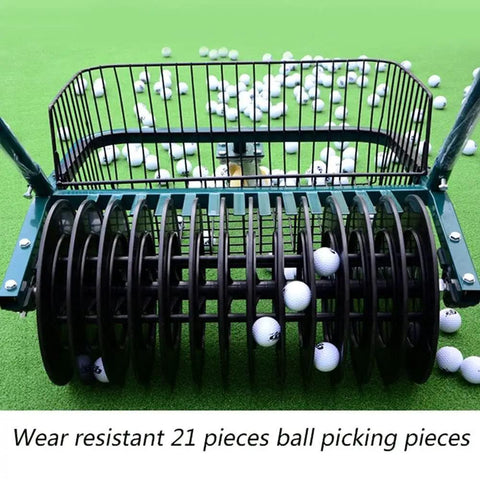 Portable Golf Ball Retriever with 600 Ball Capacity and 13 Channel Picker Lightweight Durable Steel Frame Easy On The Cart Fast Ball Recovery for Busy Golfers On The Course showing ball picking mechanism on grass.