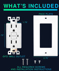10 Pack Weather Resistant GFCI Outlet 15 Amp Self Test Receptacle With LED Indicator UL Listed Ground Fault Interrupter Includes Wall Plate And Screws Ideal For Outdoors And Damp Areas Easy Install, showing outlet dimensions, faceplate, and screws