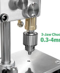 Kickass Mini Drill Press And Compact Benchtop Drilling Station For High Precision Woodworking with 0.3-4mm chuck close-up.