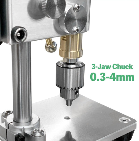 Kickass Mini Drill Press And Compact Benchtop Drilling Station For High Precision Woodworking with 0.3-4mm chuck close-up.