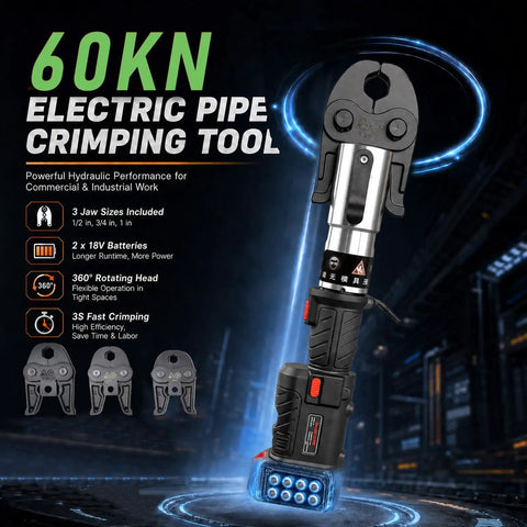 Hot 18V Cordless Electric Press Tool For Copper Pipes with 60KN force and three crimp jaw sizes.