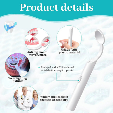 Two Piece LED Lighted Dental Mirror with Anti Fog Curved Angle for Easy Mouth Inspections, Bright LED Light, Pro Grade Tool for Dentist Offices and DIY Home Care, Non Toxic Clear View, Simple Clean and Reuse White, white ABS handle