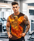Mens 3D Print Skull Sleeveless Gym Tank Top Quick Dry Lightweight Breathable Stretch Athletic Muscle Tee worn by a muscular man in a gym.