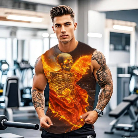 Mens 3D Print Skull Sleeveless Gym Tank Top Quick Dry Lightweight Breathable Stretch Athletic Muscle Tee worn by a muscular man in a gym.