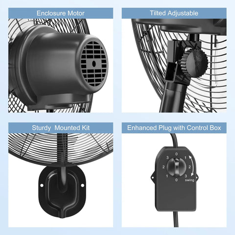 Rock Solid 20 Inch Wall Mount Fan With Heavy Duty Industrial Build High Velocity Oscillating Indoor Outdoor Fan 3 Speed Settings features