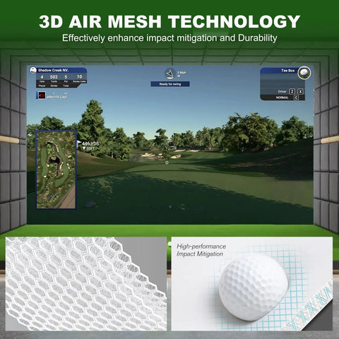 3D air mesh technology on Ultra Safe Fireproof Golf Simulator Impact Screen for Indoor Training with High Clarity and Grommets