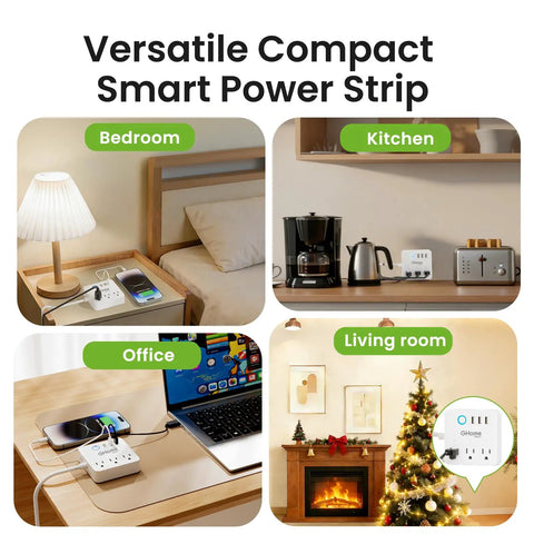 Smart Power Strip Surge Protector With 6 In 1 WiFi Outlets in bedroom, kitchen, office, and living room settings.