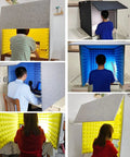 Heavy Duty Foldable Soundproof Booth With Thick Acoustic Foam Panels For Vocal And Microphone Recording Desktop Studio Sound Dampening Pod In Blue, showcasing users recording inside various angles.