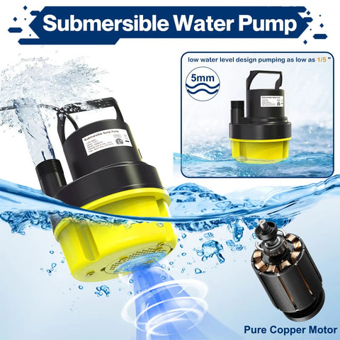 Workhorse Half Horsepower Submersible Water Pump With 2200GPH shown underwater, highlighting yellow body and copper motor