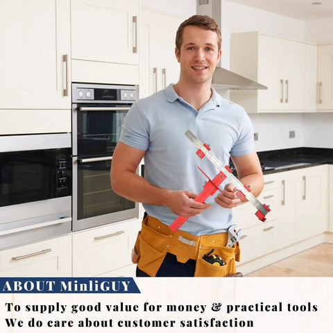 Precision Cabinet Door Handle Jig For Hardware Mounting With 5mm And 4mm Drill Guide Made From Hella Tough Aluminum Alloy held by a man in a kitchen.