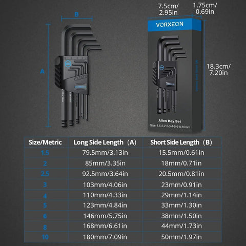 Ultra Durable 9 Piece Allen Wrench Set 1.5 To 10 Mm Hex Keys with visible size chart and packaging display