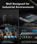 Rugged 5 Port Industrial DIN Rail Network Switch With 4 Gigabit Ethernet Ports and 1 SFP Uplink, well-designed for industrial use