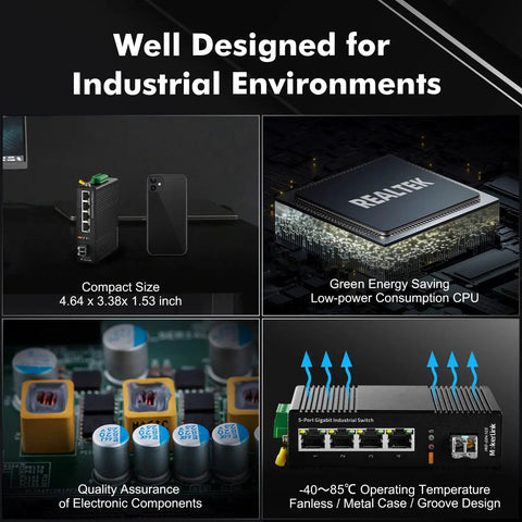 Rugged 5 Port Industrial DIN Rail Network Switch With 4 Gigabit Ethernet Ports and 1 SFP Uplink, well-designed for industrial use