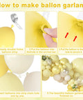 Epic 173 Piece Yellow Balloon Arch Kit With Double Stuffed Pastel Yellow White Sand Balloons And Clear Balloons For Wedding Bridal Shower Engagement Anniversary And Birthday Party Decor assembly instructions showing steps to create a balloon garland with yellow and white balloons.