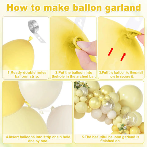 Epic 173 Piece Yellow Balloon Arch Kit With Double Stuffed Pastel Yellow White Sand Balloons And Clear Balloons For Wedding Bridal Shower Engagement Anniversary And Birthday Party Decor assembly instructions showing steps to create a balloon garland with yellow and white balloons.