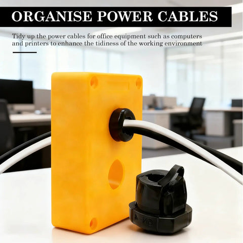 12 Pack Black Strain Relief Cord Connectors Set For Office And Home Cable Management Nylon Round Insulating Cable Bushes Fits 6N-4 And 4N-4 Power Cords Durable Easy Install Keeps Cables Neat And Tidy, orange and black cable connector on desk