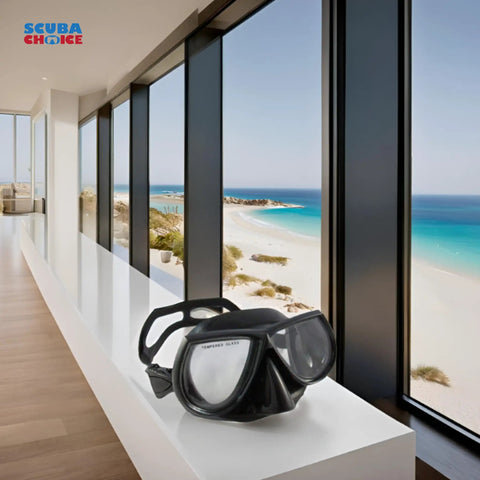 Low Volume Dive Mask For Free Diving Spearfishing And Scuba With Tempered Glass Lenses For Crystal Clear Vision on counter