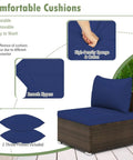 7 Piece Outdoor Wicker Patio Furniture Set for Six With Cushions, showing navy cushion details and smooth zippers.