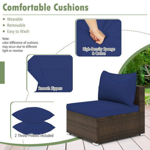 7 Piece Outdoor Wicker Patio Furniture Set for Six With Cushions, showing navy cushion details and smooth zippers.