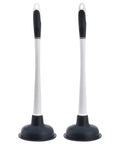 Two sturdy sink plungers with strong suction, 2 pack for sinks, bathtubs, and showers, showing durable rubber plunger heads and sturdy handles.
