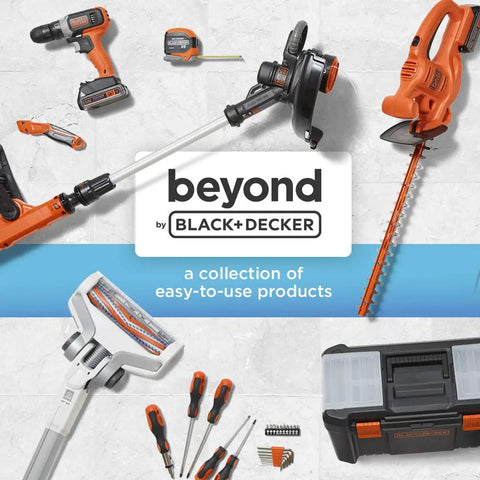 A collection of Black+Decker easy-to-use tools including drills, screwdrivers, a hedge trimmer, and a mop on a white background.