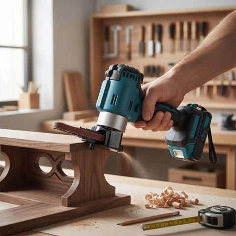 Badass Cordless Belt Sander Packs Brushless Motor To Crush Rust And Polish Wood Super Smooth No Cord Tangles 1700 Rpm in use on wood.