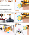 Usage guide for Portable 3700W Camping Stove With Piezo Ignition, showing step-by-step instructions for setup and use