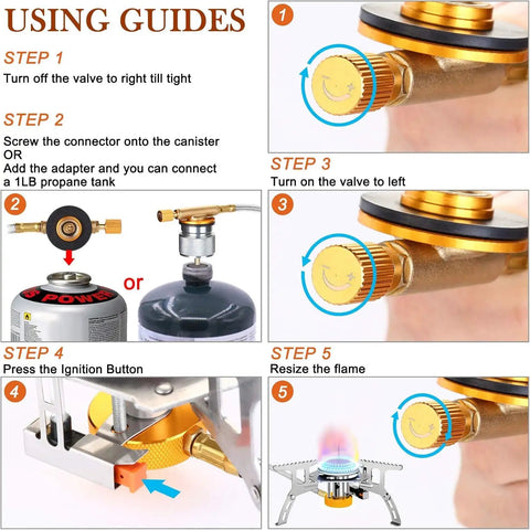 Usage guide for Portable 3700W Camping Stove With Piezo Ignition, showing step-by-step instructions for setup and use