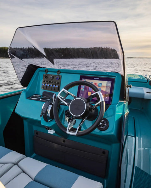 Boat dashboard with Six Gang Marine Rocker Switch Panel Waterproof With Circuit Breakers Digital Voltage Display PD QC3 USB Port and 12V Socket