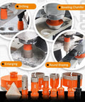 Diamond Hole Saw Kit With 12 Diamond Bits 5/8-11 Thread And SDS Adapter showing drilling, beveling, enlarging, and rounding