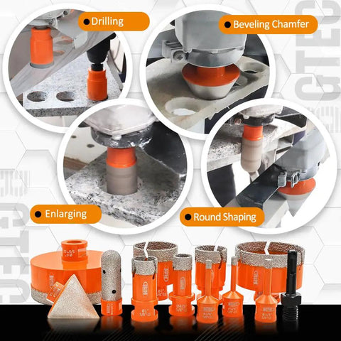 Diamond Hole Saw Kit With 12 Diamond Bits 5/8-11 Thread And SDS Adapter showing drilling, beveling, enlarging, and rounding