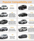 Compatibility chart for seat covers listing cars by brand, including Infiniti, Jeep, Kia, Lexus, Nissan, Mercedes, Subaru, Toyota, VW.